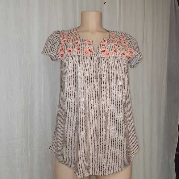 Tribal Tops - Tribal Women's Blouse Bohemian Chic with Pink Floral Embroidery Size M